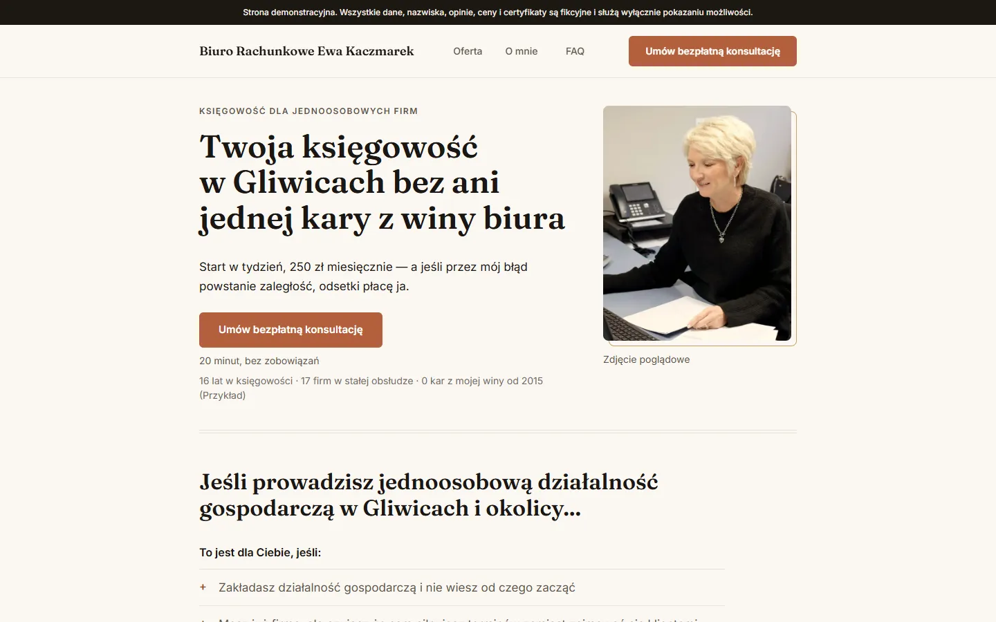 Strona demonstracyjna biura rachunkowego, pakiet Basic. Biuro i dane fikcyjne.
